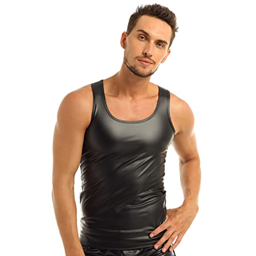 FEESHOW Herren Metallic Shirt Unterhemd Kunstleder Ärmellos Männer Glänzende Muskelshirts Achselhemd Top Slim Fit Schwarz XL von FEESHOW