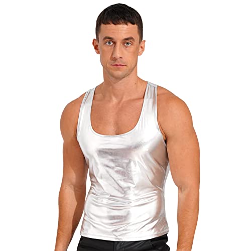 FEESHOW Herren Metallic Shirt Unterhemd Kunstleder Ärmellos Männer Glänzende Muskelshirts Achselhemd Top Slim Fit Silber E XL von FEESHOW