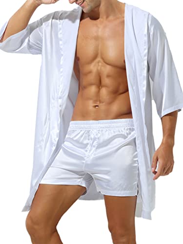 FEESHOW Herren Morgenmantel Lang Satin Bademantel V Ausschnitt Kimono Robe Ohne Shorts Mode Nachtwäsche Mantel Weiß_E L von FEESHOW