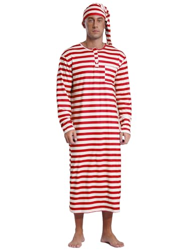 FEESHOW Herren Nachthemd Mit Schlafmütze Set Langarm Gestreifte Nachthemd Mit Brusttasche Und Knopfleiste Weihnachten Schlafwandler Kostüm Rot L von FEESHOW