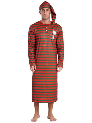 FEESHOW Herren Nachthemd Mit Schlafmütze Set Langarm Gestreifte Nachthemd Mit Brusttasche Und Knopfleiste Weihnachten Schlafwandler Kostüm Rot&Grün L von FEESHOW