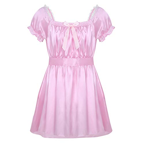 FEESHOW Herren Nachtkleid Satin Rüschen Spitze Girly Kostüm Sissy Dessous Lingerie Kurzarm Kleid Pyjamas Nachtwäsche Rosa L von FEESHOW