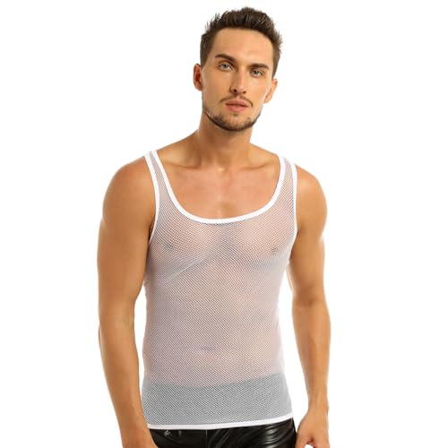 FEESHOW Herren Netz Tank Top Transparent Fischnetz Unterhemd Ärmellos Netzhemd Muskelshirt Erotik Dessous Clubwear Weiß L von FEESHOW