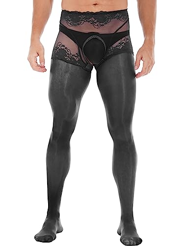 FEESHOW Herren Ouvert Strumpfhose Glänzende Transparent Leggings Erotik Unterwäsche Lange Unterhose mit offenem Schritt Schwarz_J XL von FEESHOW