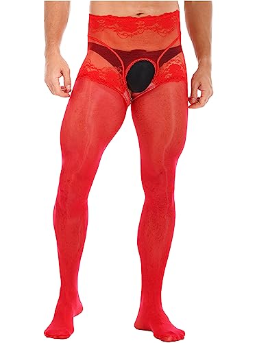 FEESHOW Herren Ouvert Strumpfhose Glänzende Transparent Leggings Erotik Unterwäsche Lange Unterhose mit offenem Schritt Rot_J XL von FEESHOW