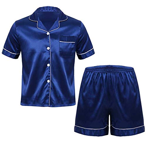 FEESHOW Herren Satin Nachtwäsche Pyjama Sommer Schlafanzug Kurzarm Shirt Oberteil Und Shorts Leicht Hausanzug Set Navy blau Large von FEESHOW