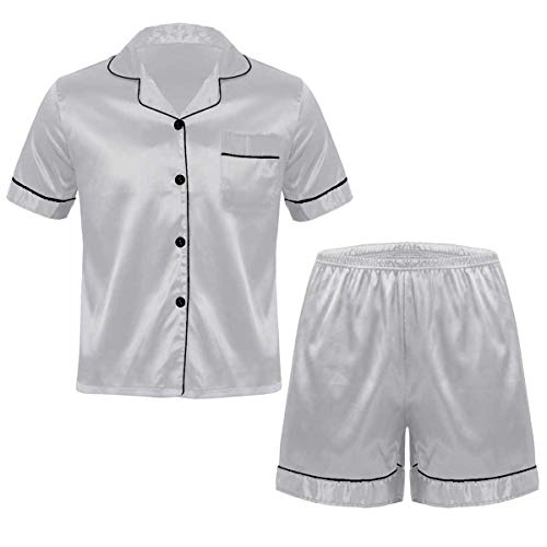 FEESHOW Herren Satin Nachtwäsche Pyjama Sommer Schlafanzug Kurzarm Shirt Oberteil Und Shorts Leicht Hausanzug Set Silbergrau X-Large von FEESHOW