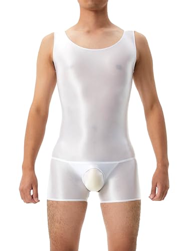FEESHOW Herren Sexy Body Erotisch Offener Schritt Overall Glänzend Ganzkörper Strumpfhose Elastische Glatte Tank Top Sport Bodybuilding Leotard Weiß_A XL von FEESHOW