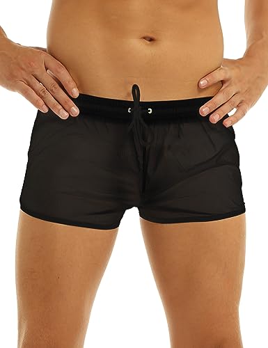 FEESHOW Herren Shorts Sexy Transparent Boxer Briefs Locker Badeshorts Strandshorts mit Kordelzug Bademode Schwimmen Poolparty Black XXL von FEESHOW