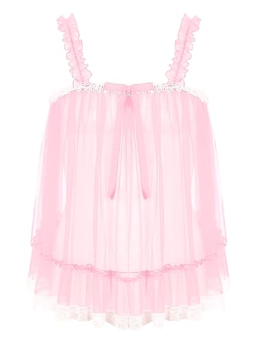 FEESHOW Herren Sissy Dessous Babydoll Mesh Spitze Minikleid Männer Durchsichtige Unterwäsche Schlafanzug Nachtwäsche Crossdresser Kleidung Rosa_B L von FEESHOW