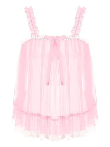 FEESHOW Herren Sissy Dessous Babydoll Mesh Spitze Minikleid Männer Durchsichtige Unterwäsche Schlafanzug Nachtwäsche Crossdresser Kleidung Rosa_B XXL von FEESHOW