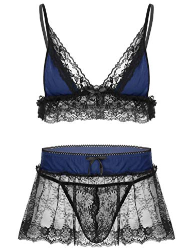 FEESHOW Herren Sissy Dessous Reizwäsche Ouvert Unterwäsche Set Transparent Spitze BH G-String Und Rock Männer Verführerische Nachtwäsche Navy Blau XL von FEESHOW