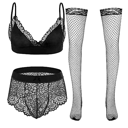 FEESHOW Herren Sissy Dessous Reizwäsche Ouvert Unterwäsche Set Transparent Spitze BH G-String Und Rock Männer Verführerische Nachtwäsche Schwarz_H XL von FEESHOW