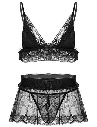 FEESHOW Herren Sissy Dessous Reizwäsche Ouvert Unterwäsche Set Transparent Spitze BH G-String Und Rock Männer Verführerische Nachtwäsche Schwarz L von FEESHOW