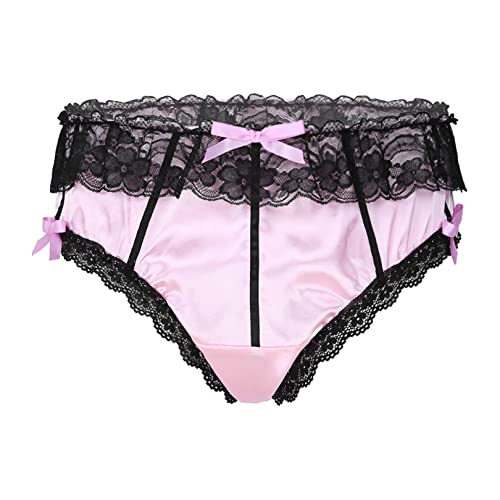 FEESHOW Herren Sissy Satin Rüschen Slip Briefs mit BSpitze owknot Französisch Maid Fräulein Unterhose Unterwäsche M-XXL Rosa_C XXL von FEESHOW