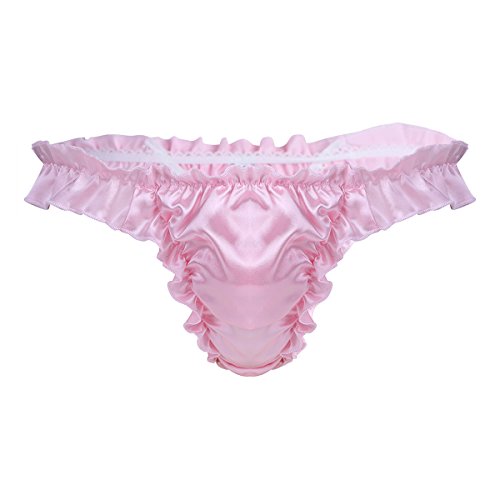 FEESHOW Herren Sissy Unterwäsche Satin Slip Briefs mit Rüschen Unterhose T-Back erotisch Reizwäsche Im Rokoko Stil M-XL Rosa XXL von FEESHOW