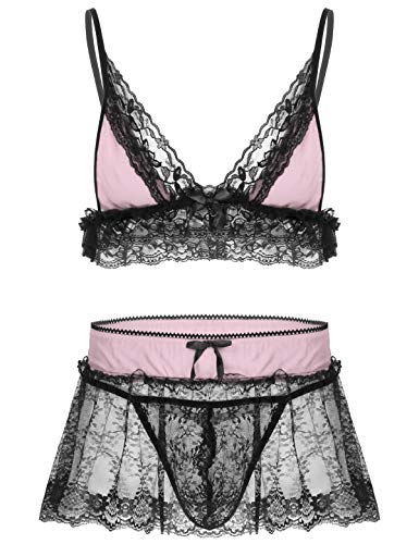 FEESHOW Herren Sissy Dessous Reizwäsche Ouvert Unterwäsche Set Transparent Spitze BH G-String Und Rock Männer Verführerische Nachtwäsche Rosa XL von FEESHOW