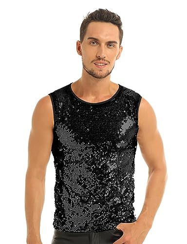 FEESHOW Herren Tank Top Glitzer Ärmelloses Glänzend Pailletten Shirt Unterhemd Sommer Disco Show Party Clubwear Schwarz Paillette L von FEESHOW