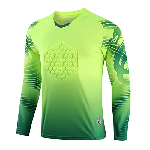 FEESHOW Herren Torwarttrikot Gepolsterte Fußball Trikot Heim/Auswärts Torwart Shirt Top Langarm Kompressionsshirt Football Goalkeeper Jersey A_Neongrün 4XL von FEESHOW