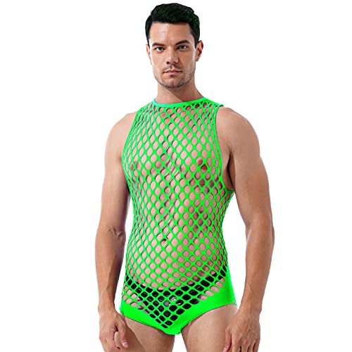 FEESHOW Herren Transparent Netz Bodysuit Unterhemd Aushöhlen Männerbody Stringbody Erotische Dessous Nachtwäsche Grün Einheitsgröße von FEESHOW