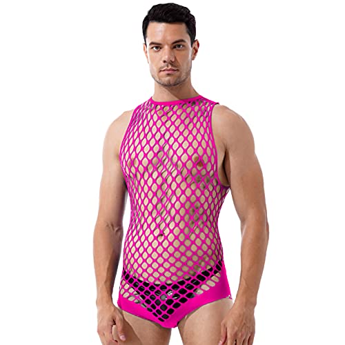 FEESHOW Herren Transparent Netz Bodysuit Unterhemd Aushöhlen Männerbody Stringbody Erotische Dessous Nachtwäsche Hot Pink Einheitsgröße von FEESHOW