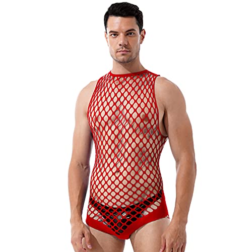 FEESHOW Herren Transparent Netz Bodysuit Unterhemd Aushöhlen Männerbody Stringbody Erotische Dessous Nachtwäsche Rot Einheitsgröße von FEESHOW