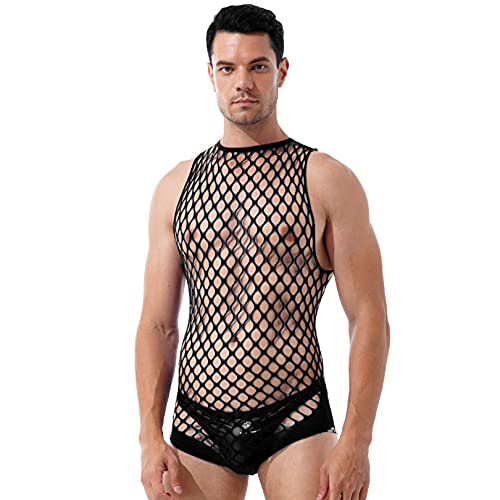 FEESHOW Herren Transparent Netz Bodysuit Unterhemd Aushöhlen Männerbody Stringbody Erotische Dessous Nachtwäsche Schwarz Einheitsgröße von FEESHOW