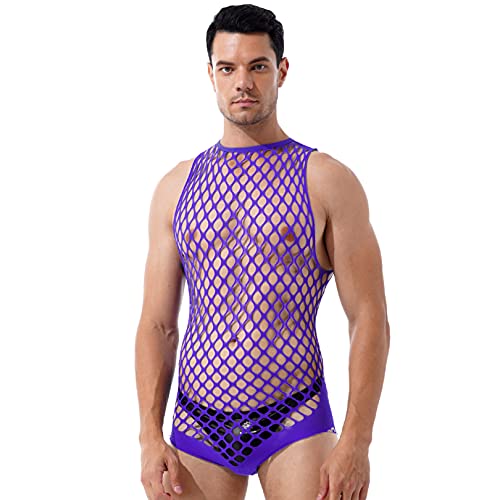 FEESHOW Herren Transparent Netz Bodysuit Unterhemd Aushöhlen Männerbody Stringbody Erotische Dessous Nachtwäsche Violett Einheitsgröße von FEESHOW