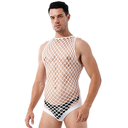 FEESHOW Herren Transparent Netz Bodysuit Unterhemd Aushöhlen Männerbody Stringbody Erotische Dessous Nachtwäsche Weiß Einheitsgröße von FEESHOW