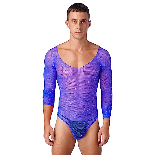 FEESHOW Herren Transparent Netz Bodysuit Unterhemd Aushöhlen Männerbody Stringbody Erotische Dessous Nachtwäsche Blau_B Einheitsgröße von FEESHOW