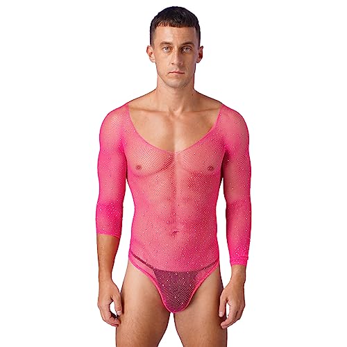 FEESHOW Herren Transparent Netz Bodysuit Unterhemd Aushöhlen Männerbody Stringbody Erotische Dessous Nachtwäsche Hotpink_B Einheitsgröße von FEESHOW