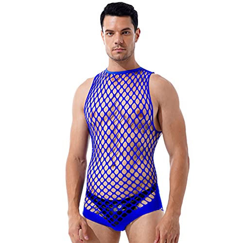 FEESHOW Herren Transparent Netz Bodysuit Unterhemd Aushöhlen Männerbody Stringbody Erotische Dessous Nachtwäsche Königsblau Einheitsgröße von FEESHOW