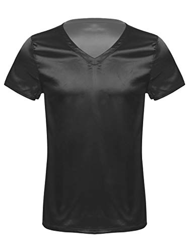 FEESHOW Herren V-Ausschnitt Kurzarm Lose Satin T-Shirt Pyjamas Schlafanzug Tops Shirt Shorty Nachtwäsche Oberteil Nightwear Einfarbig Schwarz XXL von FEESHOW