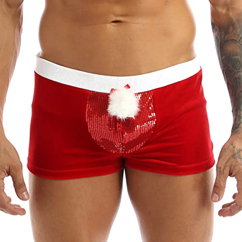 FEESHOW Herren Weihnachtsmann Kostüm Samt Boxershorts Kurze Hose Trunk Männer Sexy Weinachten Unterhose Nachtwäsche Rot 3XL von FEESHOW