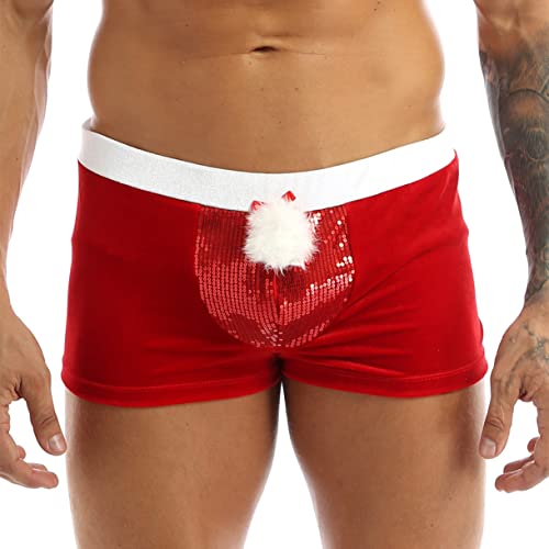 Feeshow Herren Weihnachtsmann Kostüm Samt Boxershorts Kurze Hose Trunk Männer Sexy Weinachten Unterhose Nachtwäsche Rot XXL von FEESHOW