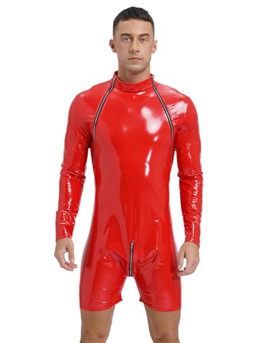 FEESHOW Herren Wetlook Body Leder Latex Overall Kurzer Langarm Lack Leder Männerbody Ouvert mit 3-Reisverschluss M-4XL Rot_F 3XL von FEESHOW