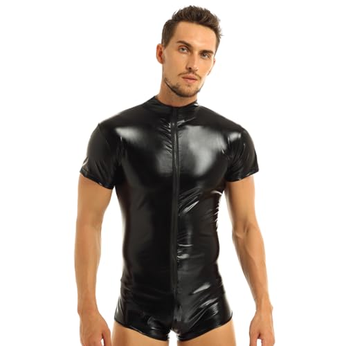 FEESHOW Herren Wetlook Body Overall Einteiler Leder Lack Männerbody Unterhemd Tops mit Reisverschluss S-4XL Schwarz 3XL von FEESHOW