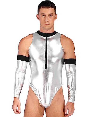 FEESHOW Herren Wetlook Body Unterwäsche Sexy Glanz Metallic Unterhemd Tank Top Thong Leotard Sport Unterwäsche Party Clubwear B_Silber XL von FEESHOW