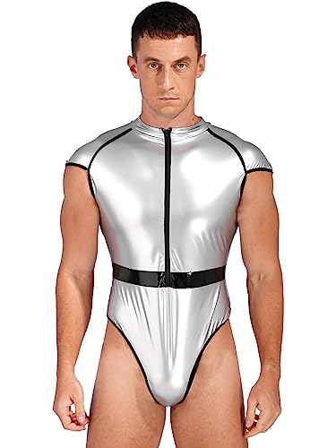 FEESHOW Herren Wetlook Body Unterwäsche Sexy Glanz Metallic Unterhemd Tank Top Thong Leotard Sport Unterwäsche Party Clubwear C_Silber 3XL von FEESHOW