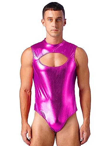 FEESHOW Herren Wetlook Body Unterwäsche Sexy Glanz Metallic Unterhemd Tank Top Thong Leotard Sport Unterwäsche Party Clubwear D_Hotpink XXL von FEESHOW