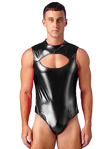 FEESHOW Herren Wetlook Body Unterwäsche Sexy Glanz Metallic Unterhemd Tank Top Thong Leotard Sport Unterwäsche Party Clubwear D_Schwarz XL von FEESHOW