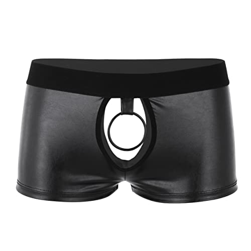 FEESHOW Herren Wetlook Boxershorts Lack Leder Hose Unterwäsche Sexy offener Schnitt Höschen Trunks Hipster Fetisch Clubwear M-3XL Schwarz_D L von FEESHOW