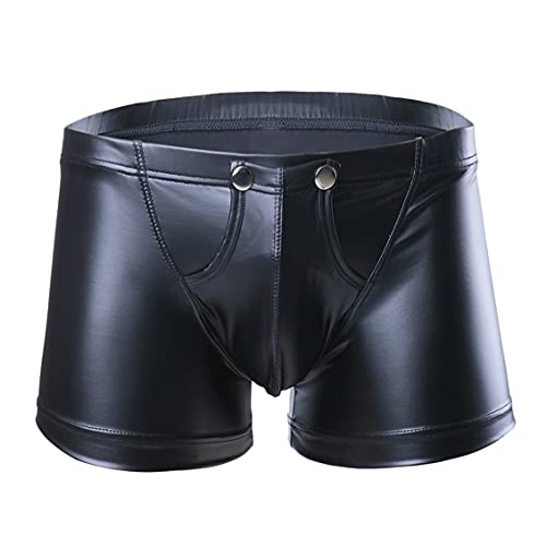 FEESHOW Herren Wetlook Boxershorts Trunks mit Bulge Beutel Männer Mini Lederhose ouvert Hipster Unterhose Low Rise M-XXL Schwarz M von FEESHOW