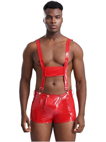 FEESHOW Herren Wetlook Jumpsuit Glanz PU Leder Latzhose Kurze Hose Hosenträger Lack Shorts Party Clubwear Rot XXL von FEESHOW