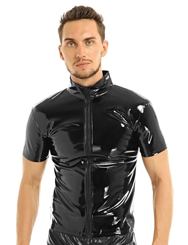 FEESHOW Herren Wetlook Shirt Kunstleder Jacke Hemd Männer Lack Optik Freizeithemd Polizeihemd Mit Knöpfe/Reißverschluss Schwarz C XXL von FEESHOW