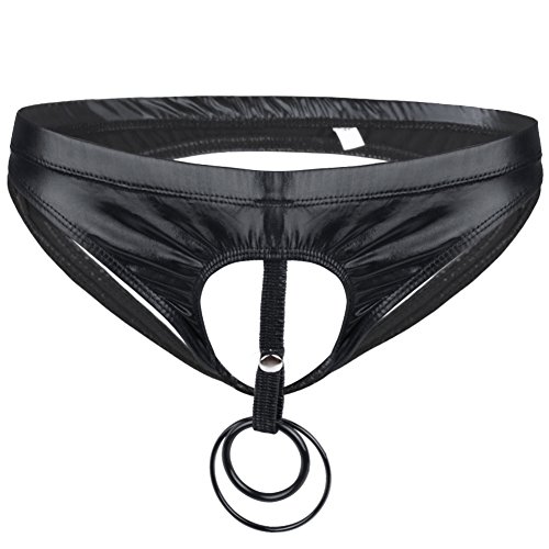 FEESHOW Herren Wetlook Slip Ouvert Jockstrap mit Doppelten Ringe Lackleder Unterwäsche Sexy Unterhose Schwarz XL von FEESHOW