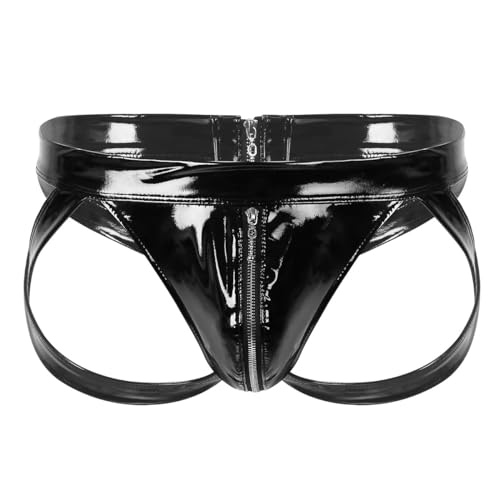 FEESHOW Herren Wetlook String Tanga Ouvert Jockstrap Männer Sexy Lackleder Unterwäsche Brief Hinten Offen Schwarz A X-Large von FEESHOW