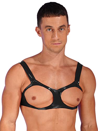 FEESHOW Herren Wetlook Unterhemd Tank Top Brustfrei Lack Leder Harness Brustgurt Sissy BH Büsterhalter Bralette Fetisch Schwarz 4XL von FEESHOW