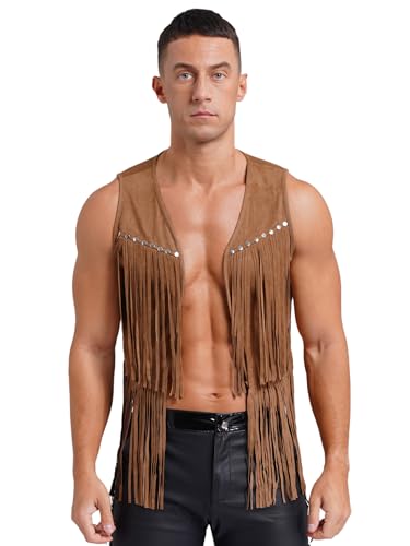FEESHOW Herren Wildleder Weste Fransen Ärmellos Indianer Cowboy Weste Mit Fransen Retro Boho Hippie Outfit Festival Karneval Kostüm Braun XXL von FEESHOW