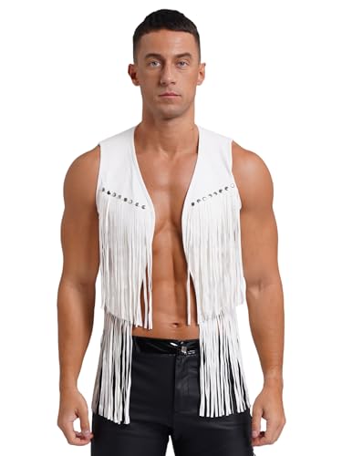 FEESHOW Herren Wildleder Weste Fransen Ärmellos Indianer Cowboy Weste Mit Fransen Retro Boho Hippie Outfit Festival Karneval Kostüm Weiß M von FEESHOW